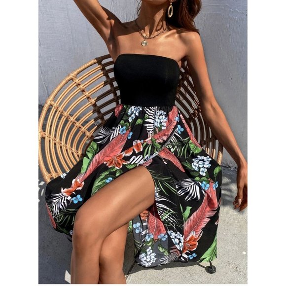 Boho Floral Print Tulip Hem Tube Dress - Picture 4 of 10